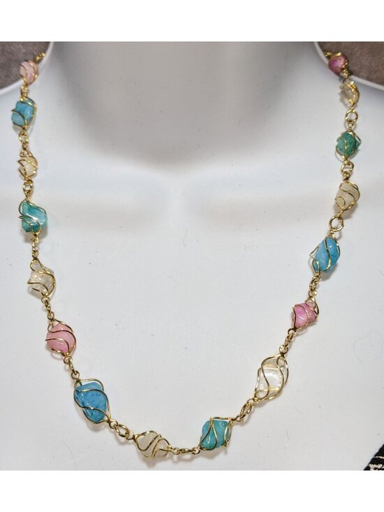 Jewelry - Whimsical Wire-Wrapped Pastel Gemstone Necklace With Gold-Tone Chain